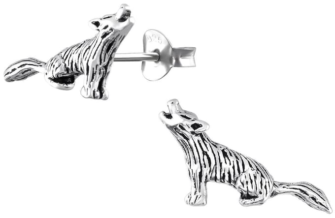 Joy|S - Zilveren wolf oorbellen - 16 x 8 mm - geoxideerd
