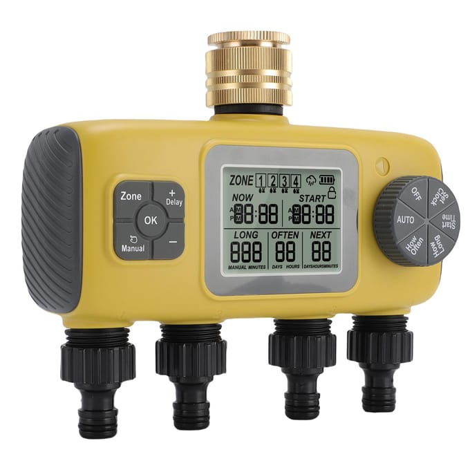 Minuteur d'irrigation 4 zones indépendantes programmables Entrée laiton 3/4 po IPX5 Minuteur d'arrosage avec pluie beige
