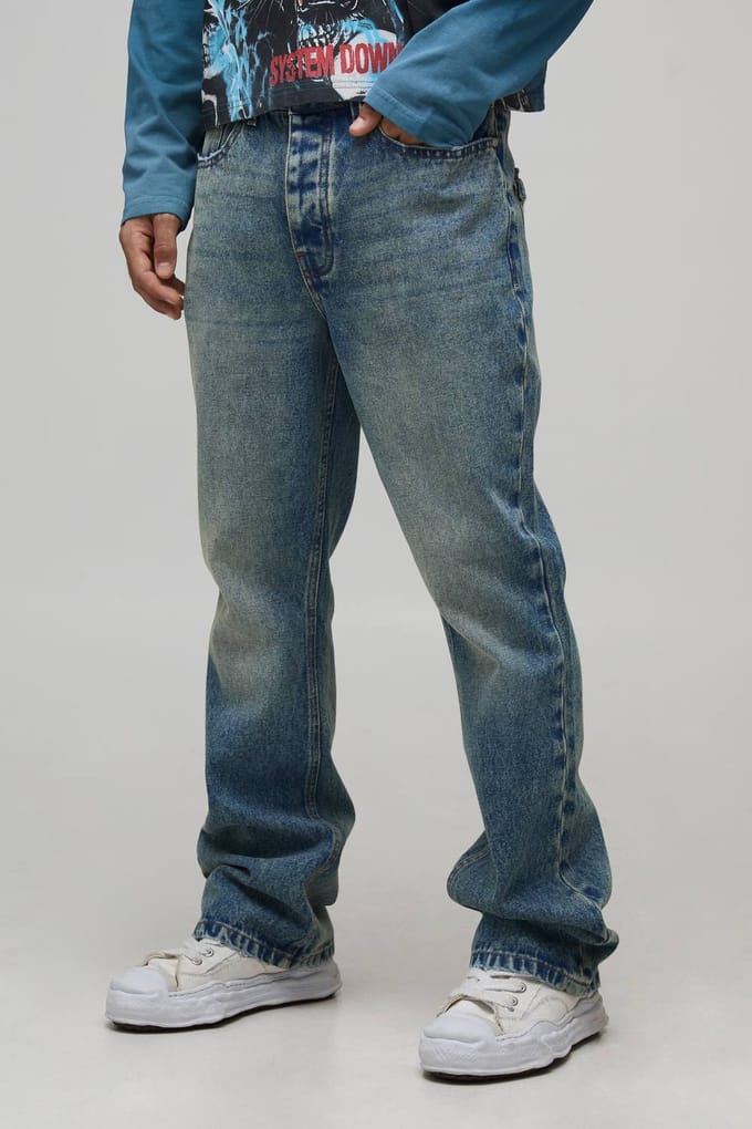Stonewash Raw Seam Detail Slim Flared Jeans | Size 48