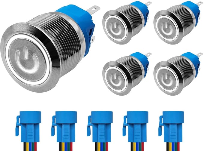 ProRide Drukschakelaar ON-OFF 220V - 22mm Metaal - Waterdicht - LED Wit - Met Kabels - 5 stuks