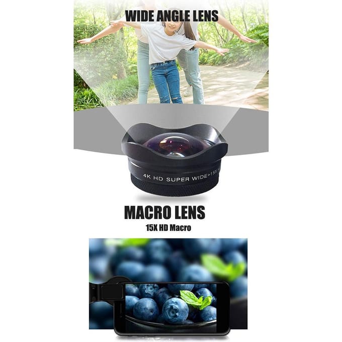 4K Smartphone Camera Lens 0.45X Groothoek 15X Macro Telefoon Lens met Universele Clip Compatibel met zwart