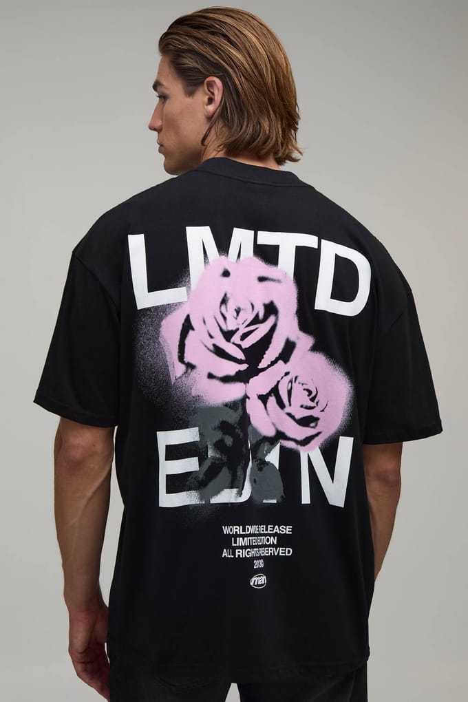 Oversized Limited Edition T-shirt Met Rozenprint | Black | Size 2XL