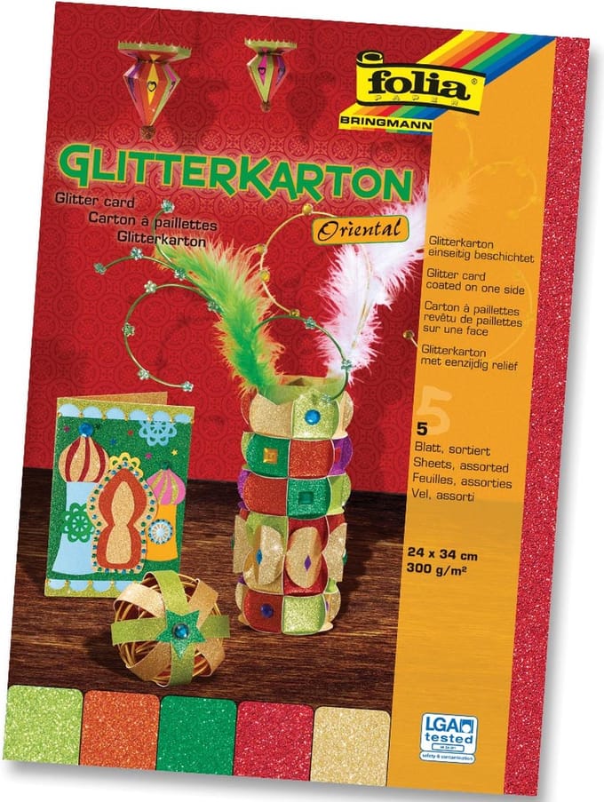 Folia Glitterkarton Oriental (geel oranje rood helgroen en donkergroen)