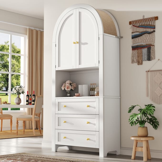 Buffetkast - Hoge Boogkast Met Lades en Deuren - Open Displaygedeelte - Hout - Wit