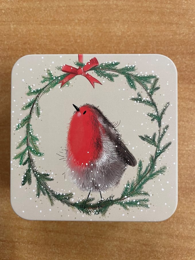 Alex Clark Square Tin Christmas Robin ~ Vierkant opbergblikje roodborstje kerst