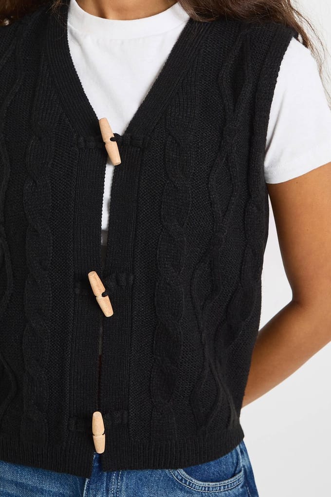 boohoo Dames Kabelgebreid vest met toggle-knopen | Black | Maat: Small