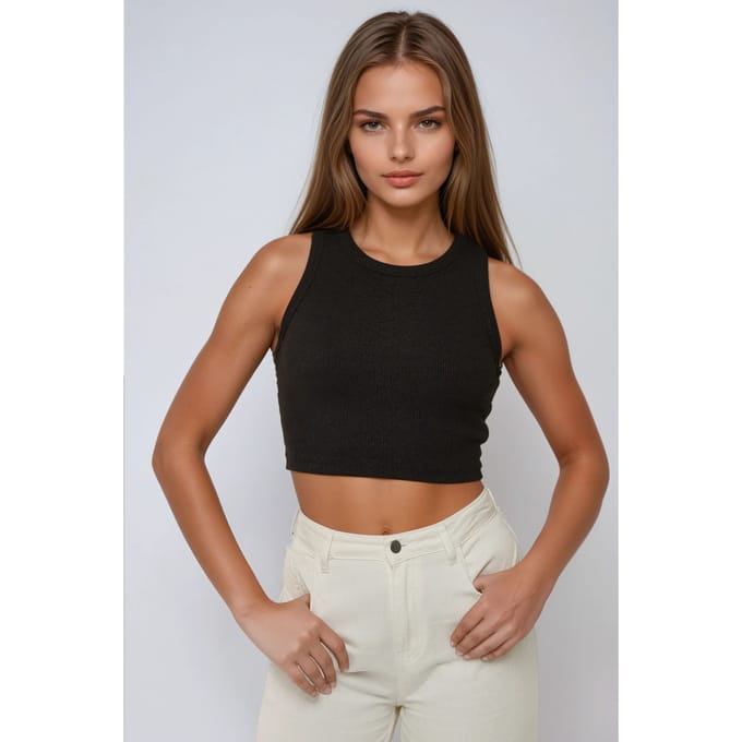 Ribbelgebreide Mouwloze Cropped Top met Ronde Hals