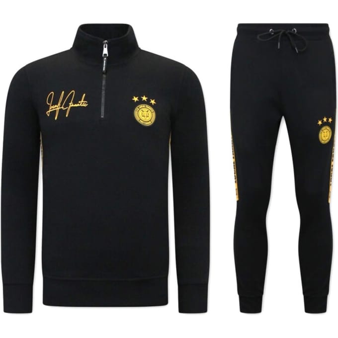 Heren Joggingspak - Half Zipper, Double Ribbon - Zwart / Geel