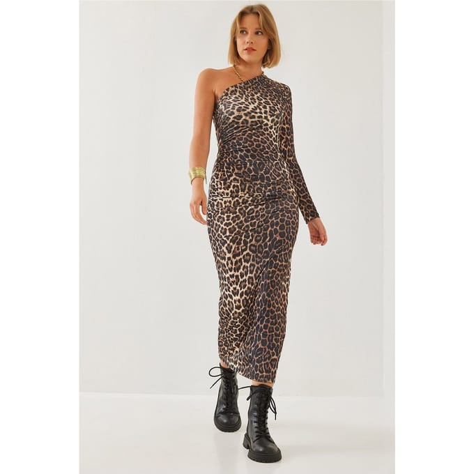 Leopardprint Ruched Midi-jurk met Asymmetrische Kraag