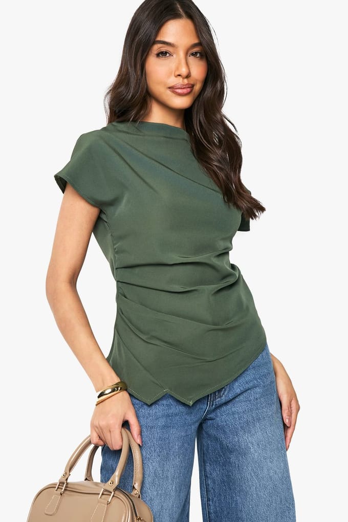 boohoo Dames Geweven gerafeld zij-split top | Olive | Maat: 8