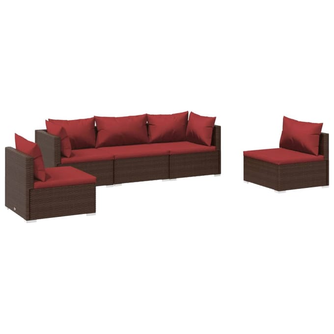 vidaXL - 5-delige - Loungeset - met - kussens - poly - rattan - bruin