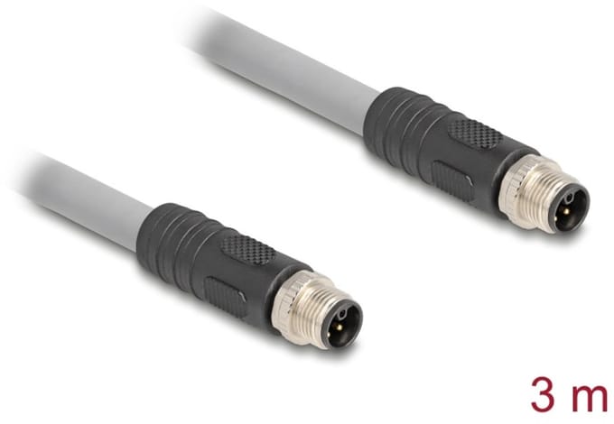 Delock M12 Cable L-coded 5 pin male to male PUR suitable for drag chains 3 m grey