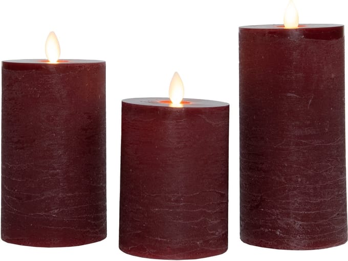 Anna's Collection LED kaars oplaadbaar flame effect rustiek set 7.5 cm bordeaux 3 stuks