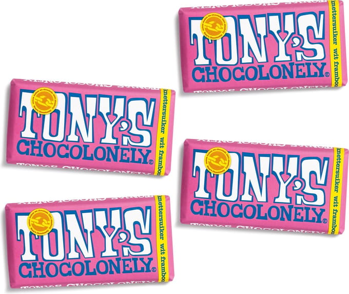 Tony's Chocolonely Witte Chocolade Reep met Framboos en Knettersuiker 4 x 180 gram Chocola