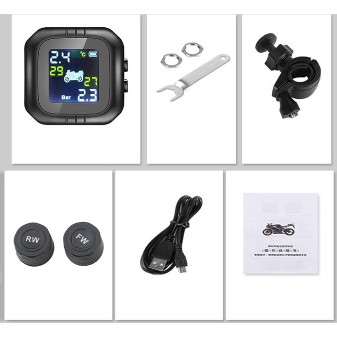 Draadloos TPMS Motorbandenspanningscontrolesysteem 2 Externe Sensoren Moto Gereedschap zwart