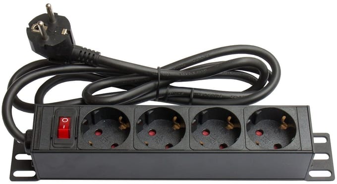 10'' stekkerdoos - CEE 7/7 - 4x CEE 7/3 - met schakelaar / zwart - 1,8 meter