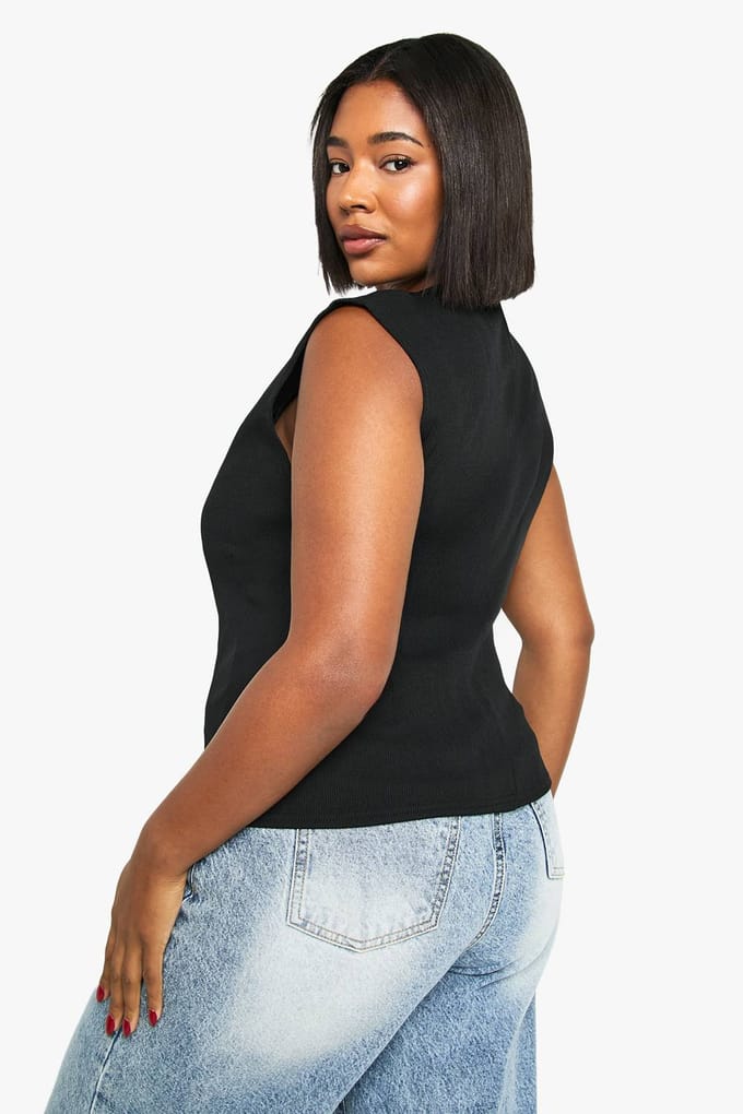 boohoo Dames Plus naaddetail taille gouden knoop vest | Black | Maat: 16