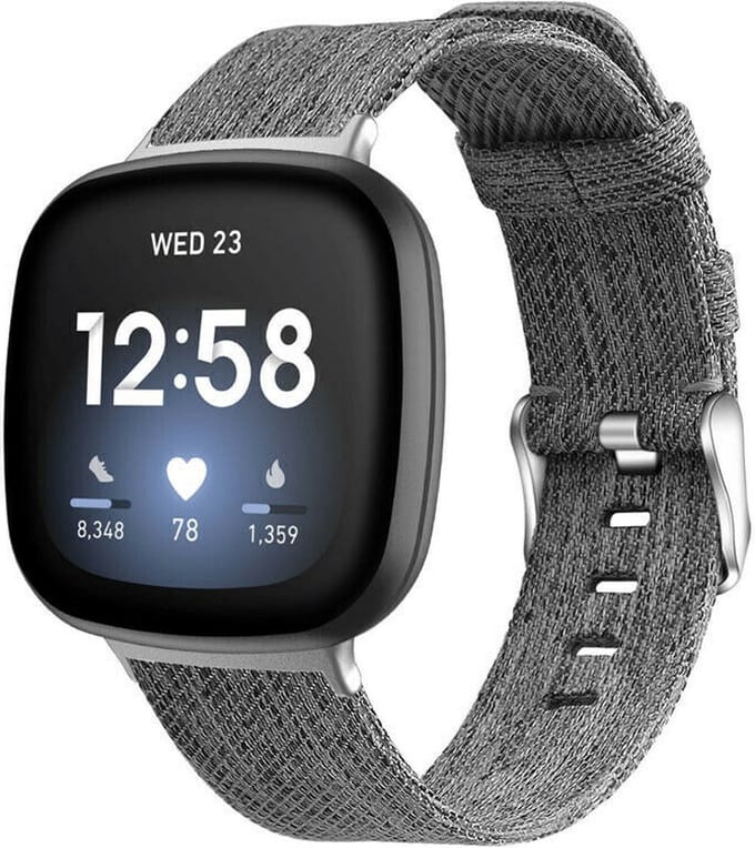Strap-it Geweven nylon / canvas bandje - Geschikt voor Fitbit Versa 3 / Fitbit Sense - grijs mix - Maat: Maat S