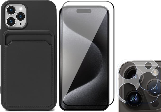 Hoesje Pasjeshouder geschikt voor iPhone 15 Pro Max - Screenprotector FullGuard + Camera Lens Screen Protector - Siliconen Case Back Cover Zwart