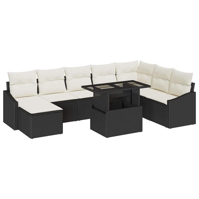 vidaXL - Bankstel - 9 - st - Zwart - en - Crème - poly - rattan