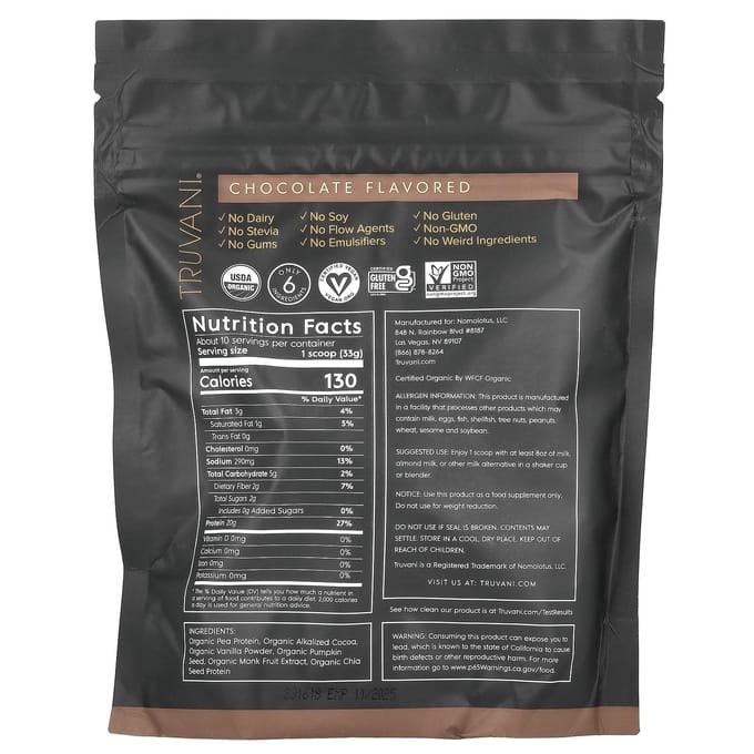 Truvani, plantaardig eiwit, chocolade, 0,74 lb (335 g)