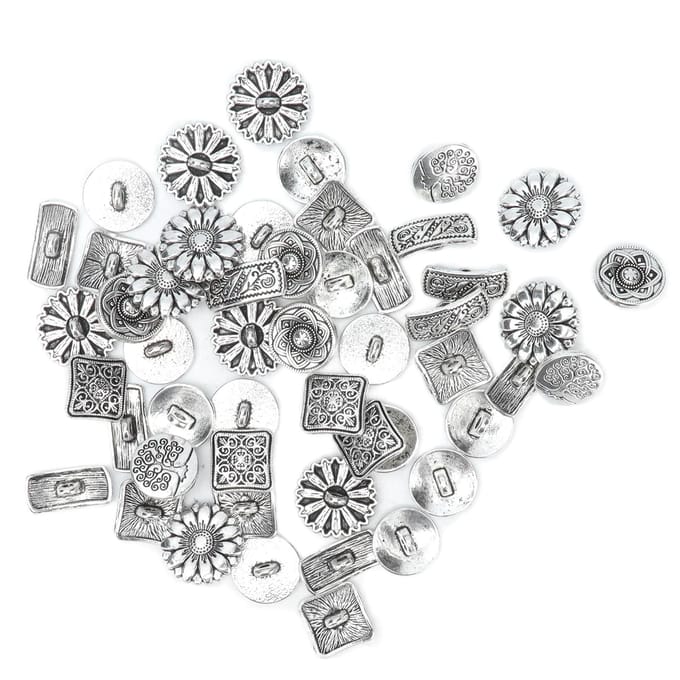 50 stuks Knopen Gemengd Antiek Zilver Rond Vierkant Bloemvorm Retro Creativiteit Kleding Accessoires