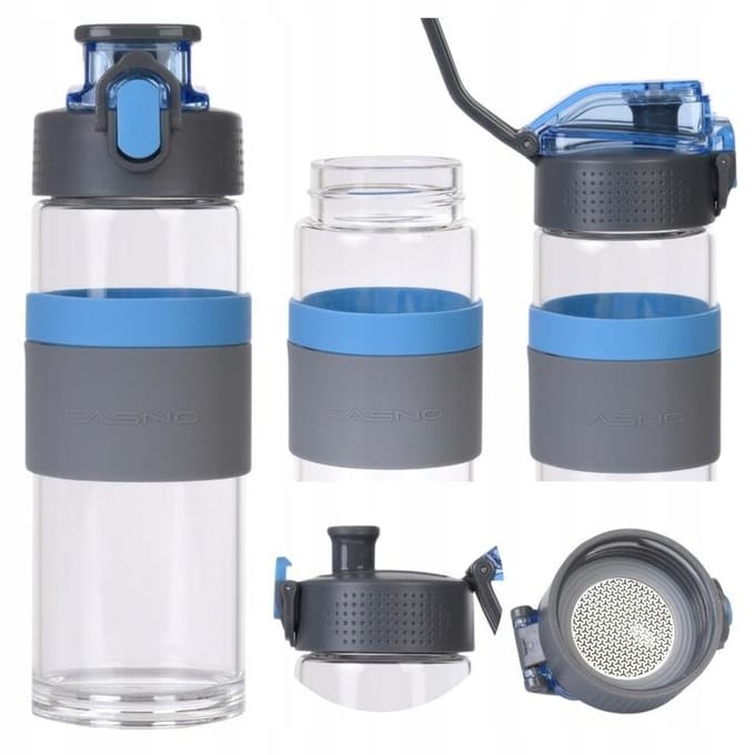 Casno Glazen Waterfles 500 ml met Zeef - Blauw