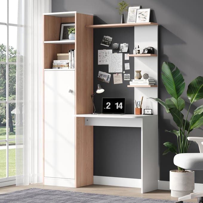 Sweiko Bureau - Met opbergkast - 3 planken - 123.5 x 45 x 168.5 cm - Wit + Natuurlijke