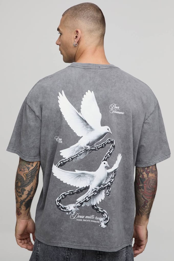 Acid Antraciet Oversized Duif Grafisch T-shirt | Washed Charcoal | Size Medium