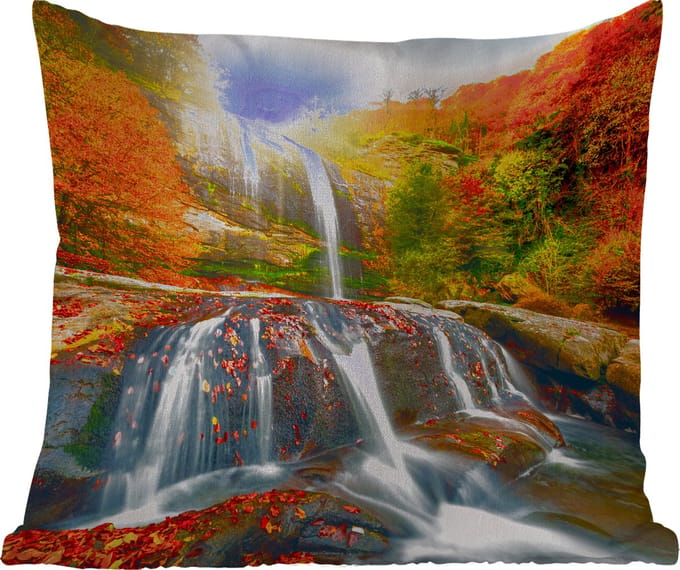 Tuinkussen - Waterval - Natuur - Herfst - Rood - Water - 40x40 cm - Weerbestendig