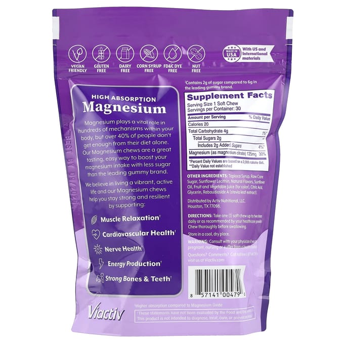 Viactiv, magnesium met hoge opname, gemengde bessen, 125 mg, 30 zachte kauwsnoepjes