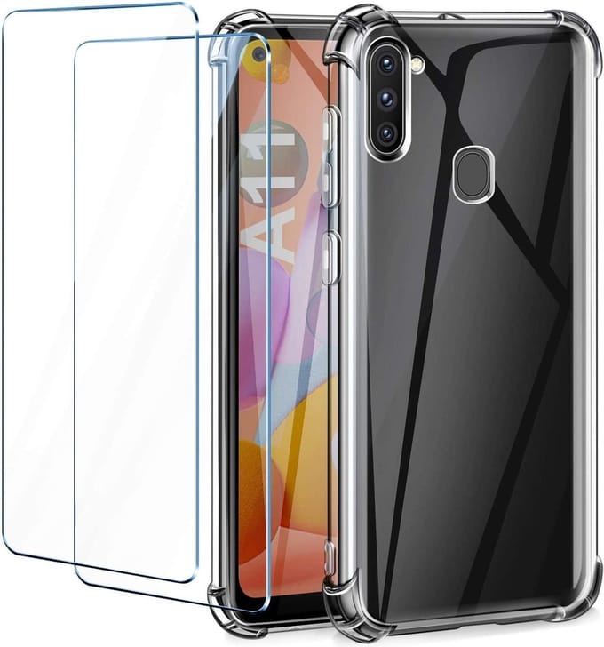 Shockproof Hoesje Geschikt voor: Samsung Galaxy M11 - Anti-shock TPU Siliconen Case & 2X Tempered Glas Combi - Transparant
