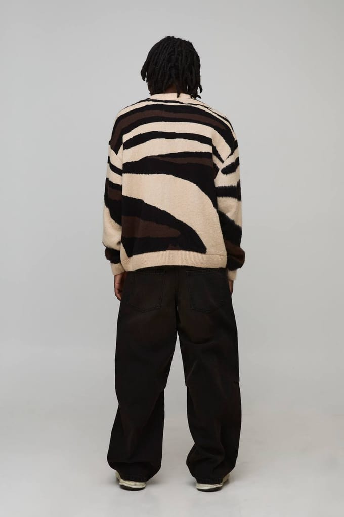 Oversized Boxy Geborsteld Dierlijk Gebreide Trui | Taupe | Size Small