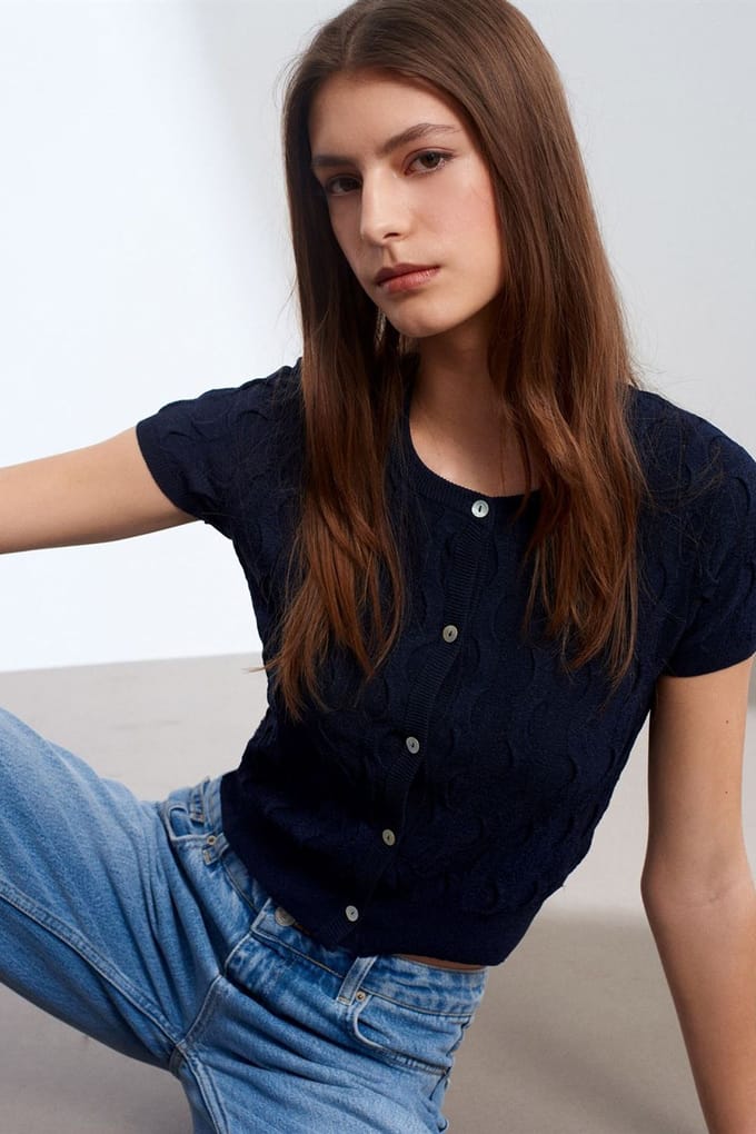 Dames Cropped Jacquard Knopen Cardigan