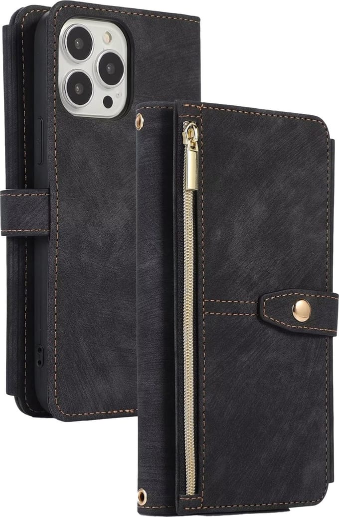 Hoesje geschikt voor iPhone 12 - Bookcase - Koord - Pasjeshouder - Portemonnee - Kunstleer - Zwart