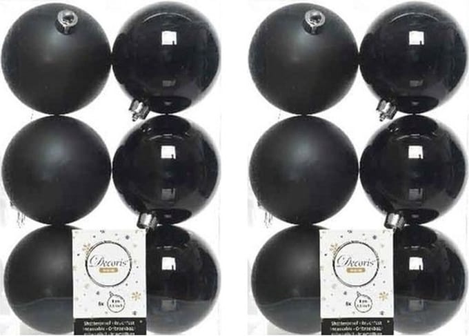 Decoris kerstballen - 12x st - zwart - 8 cm - kunststof - mat en glans - kerstversiering