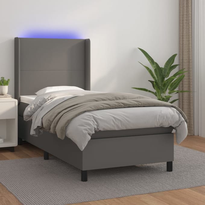 vidaXL - Boxspring - met - matras - en - LED - kunstleer - grijs - 90x200 - cm