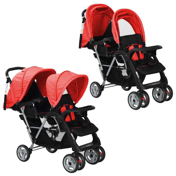 vidaXL - Kinderwagen - dubbel - staal - rood - en - zwart