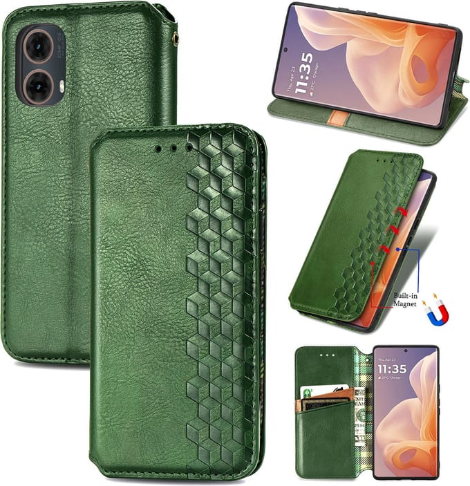 Luxe PU Lederen Ruitpatroon Wallet Case + Glas Screenprotector voor Moto G85 _ Groen