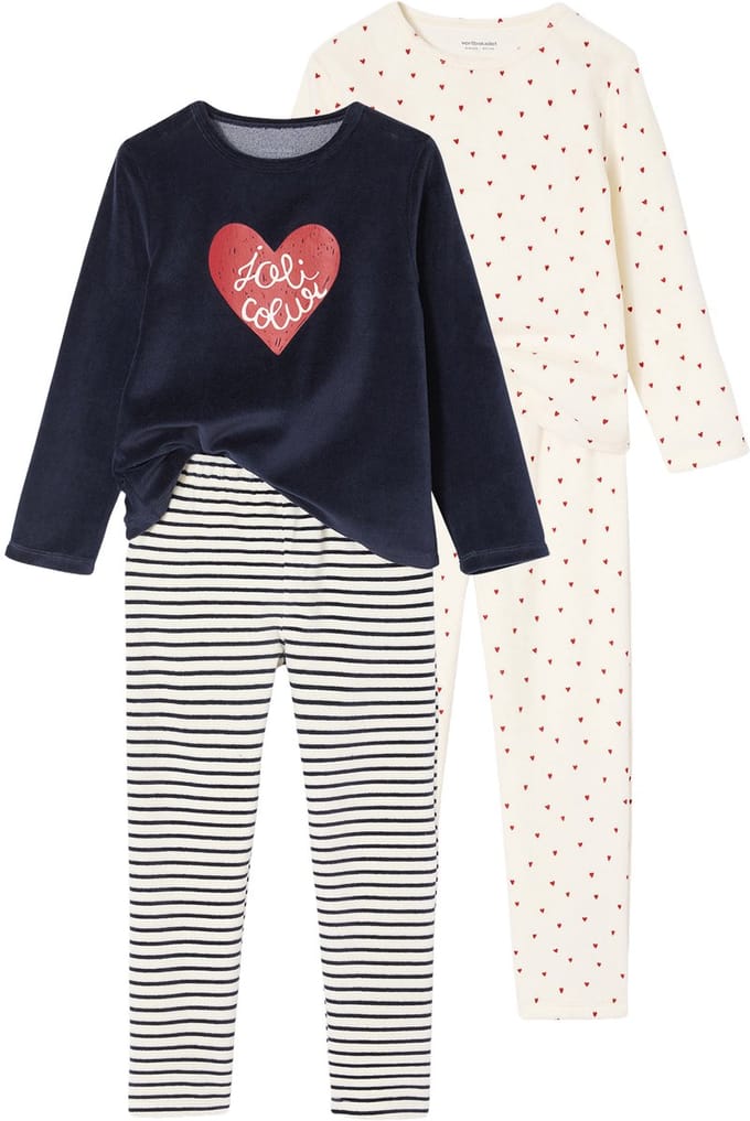Vertbaudet Set van 2 pyjama's fluweel / velours met hartjes voor meisjes