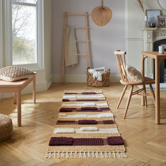 Flycarpets Loper Medina Blocks Jute Vloerkleed Naturel / Paars 67x200 cm