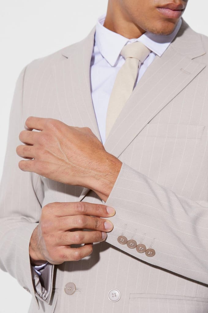 Relaxed Fit Double Breasted Pinstripe Blazer | Stone | Size 48