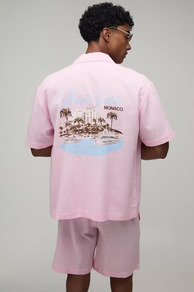 Monte Carlo Oversized Shirt & Short Set Met Rugprint | Pink | Size Medium