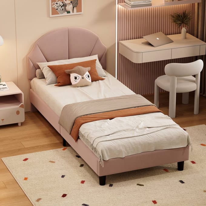 Gemütliches Kinderbett 90x200 cm mit kuscheligem Veloursbezug, in Rosa für das Kinder- oder Jugendzimmer