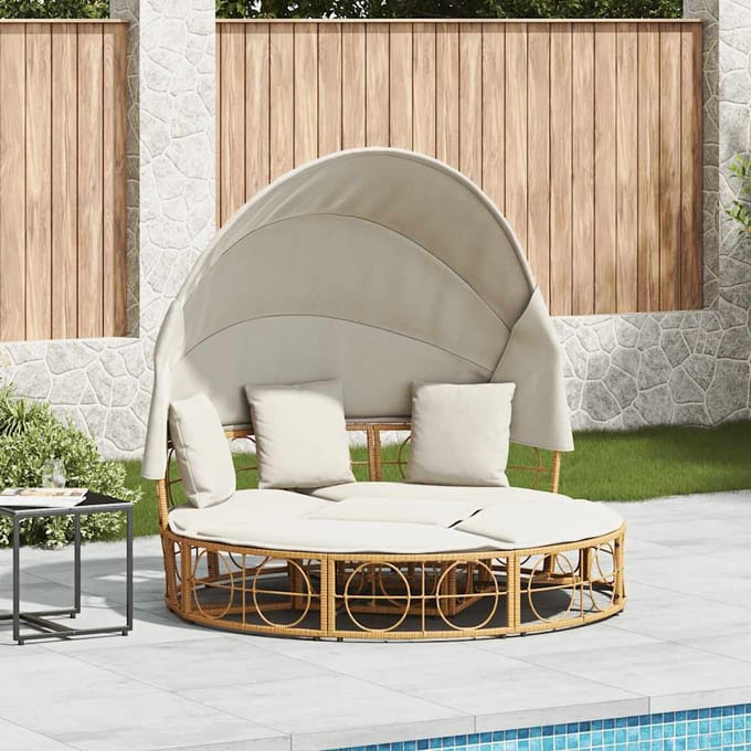 vidaXL - Loungebed - voor - buiten - met - luifel - en - kussens - poly - rattan