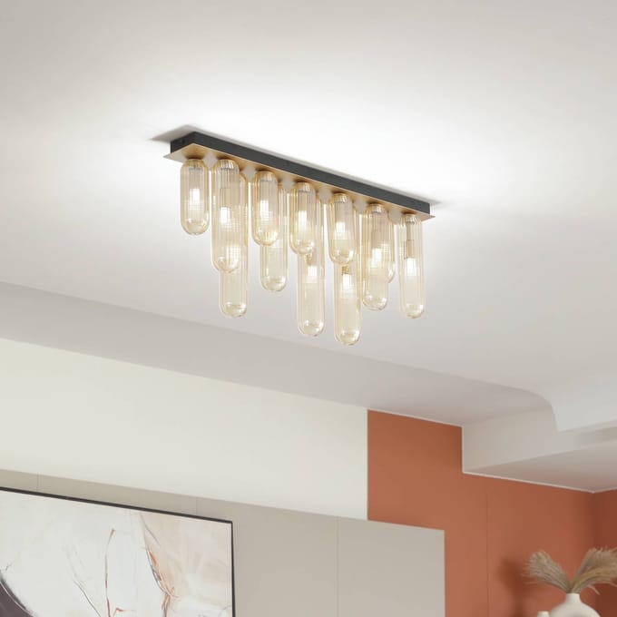 Lucande - plafondlamp - 12lichts - Glas, metaal - H: 35.5 cm - G9 - amber, zwart