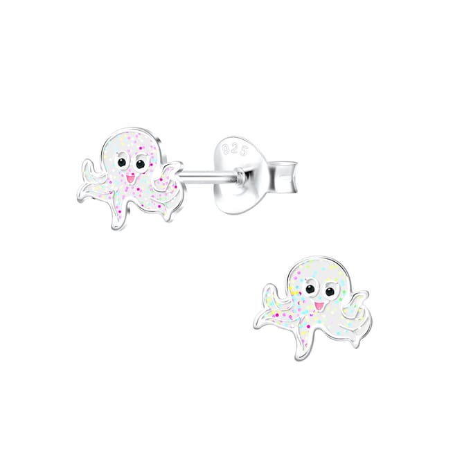 Joy|S - Zilveren octopus oorbellen - wit met glitter - 7 mm