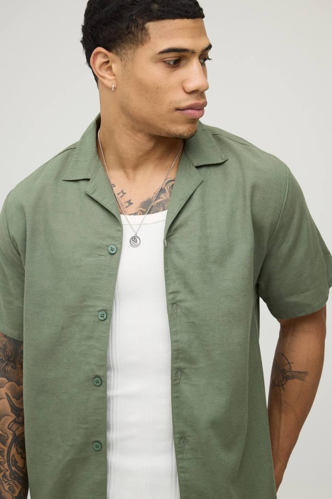 Regular Fit Linnen Blend Overhemd Met Korte Mouwen | Olive | Size Small