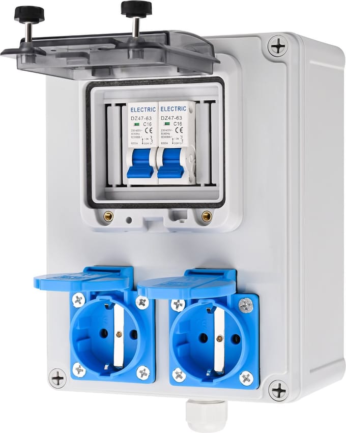 Wandverdeler 16A IP67 – 2x Schuko 230V – 2x LS C16A 1-polig