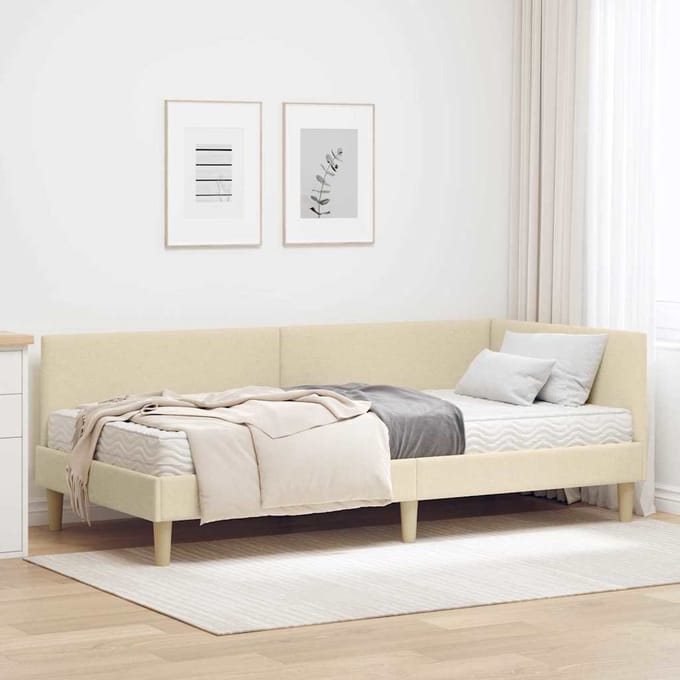 vidaXL - Hoekbedframe - met - Matras - Anders - met - hoofdeinde - 2 - st - Crème - Stof